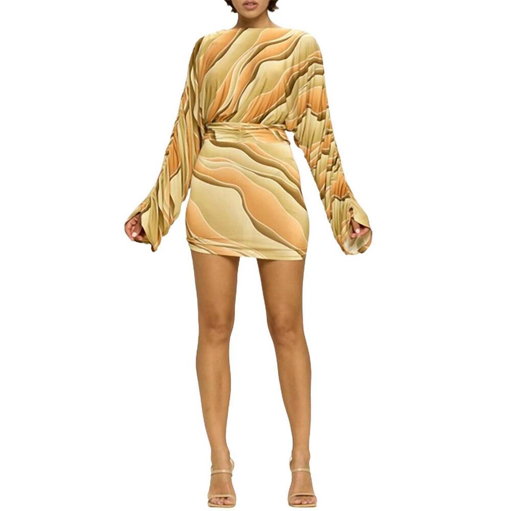 NEW BLACK PEARL CLOTHING marble ruched jersey mini dress in yellow/taupe
